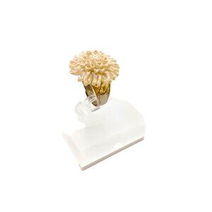 Carved White Dahlia Vintage Ring, Celluloid Flower on Adjustable Band